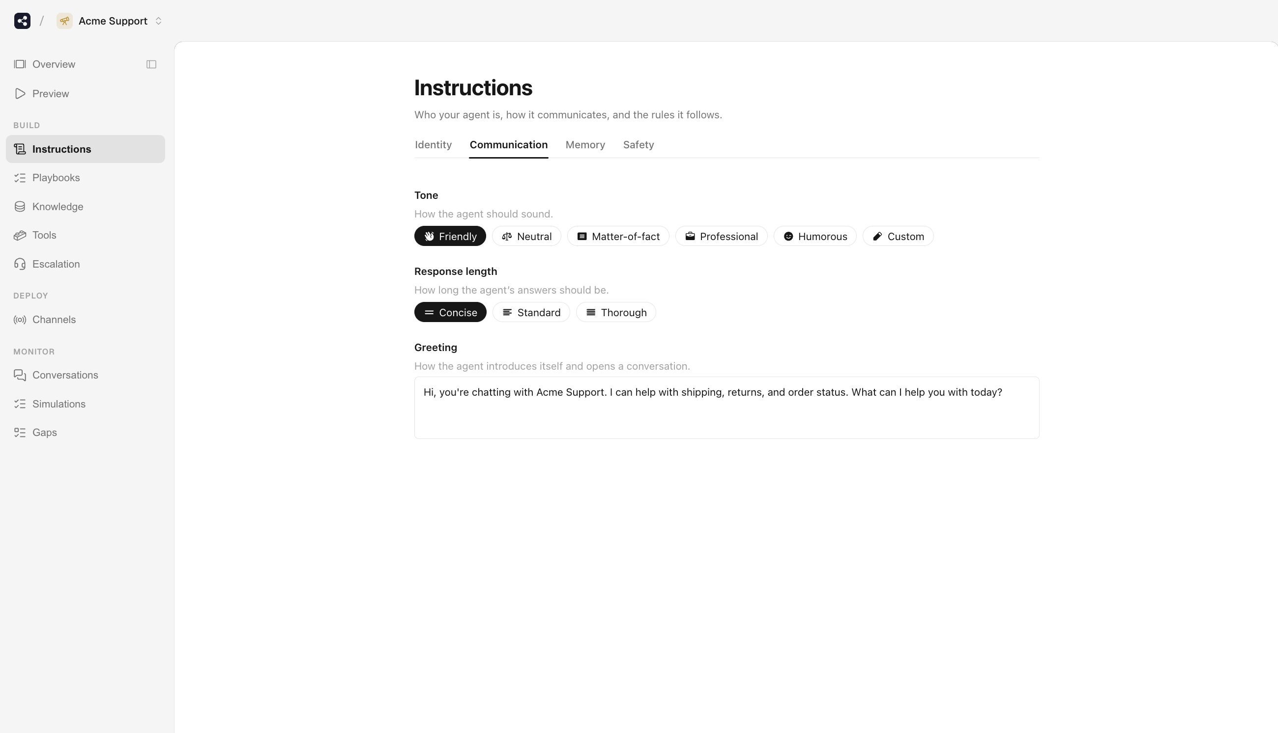 Configuring Acme Support's tone, response length, and greeting