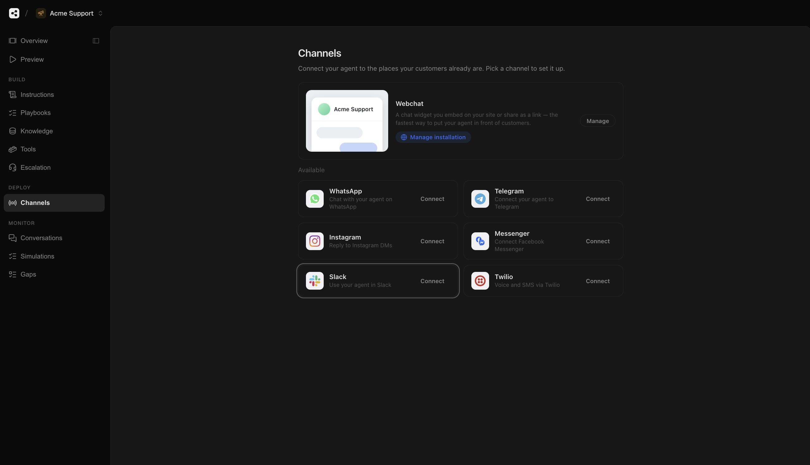 Webchat configured for Acme Support with additional channels available