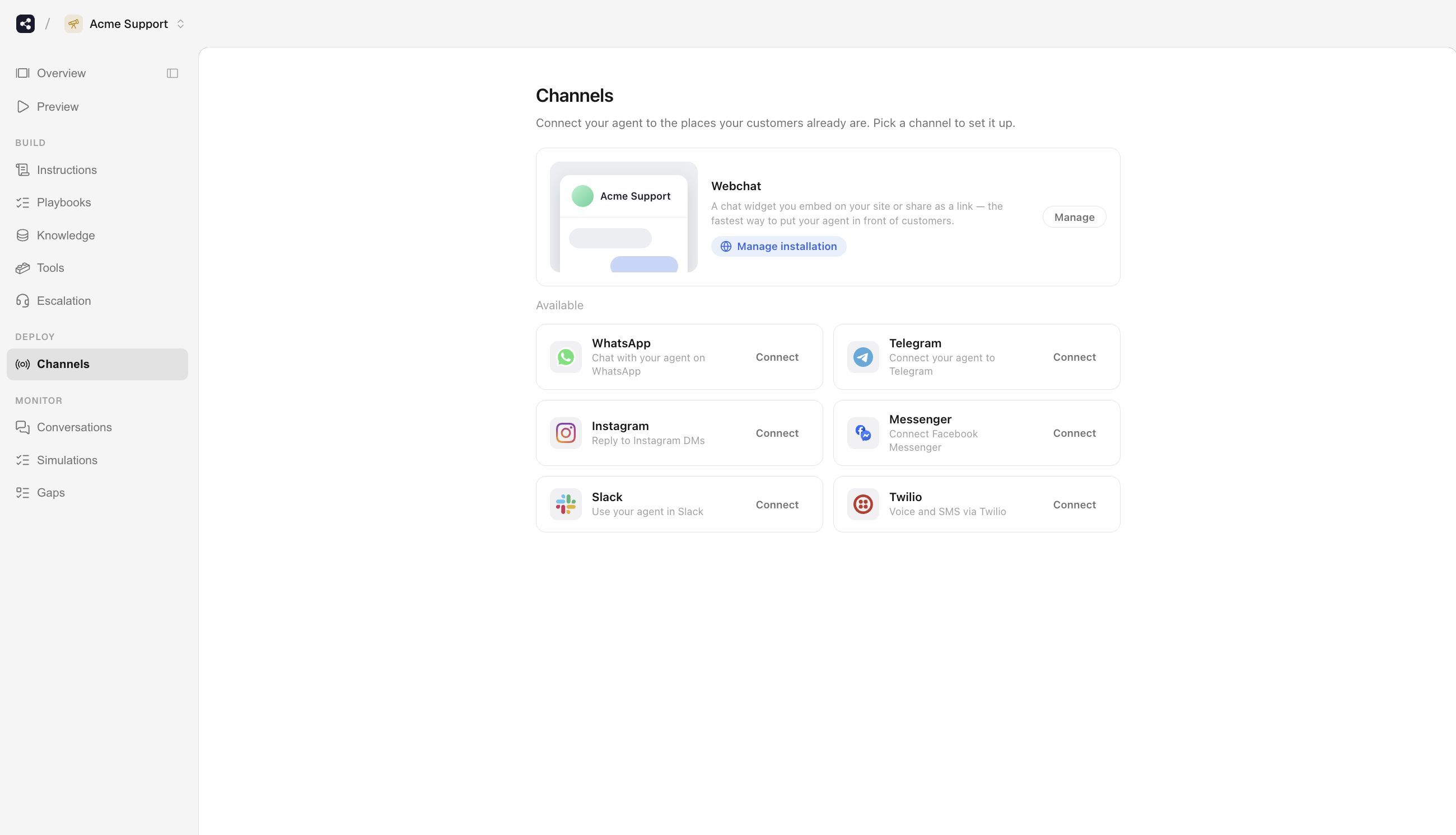Webchat configured for Acme Support with additional channels available
