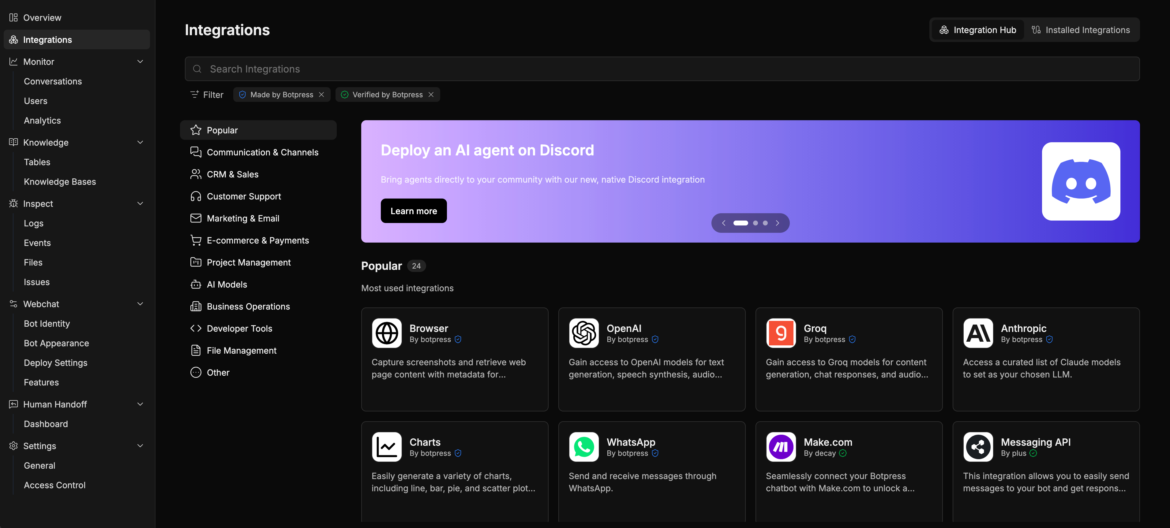 Integrations hub on the dashboard