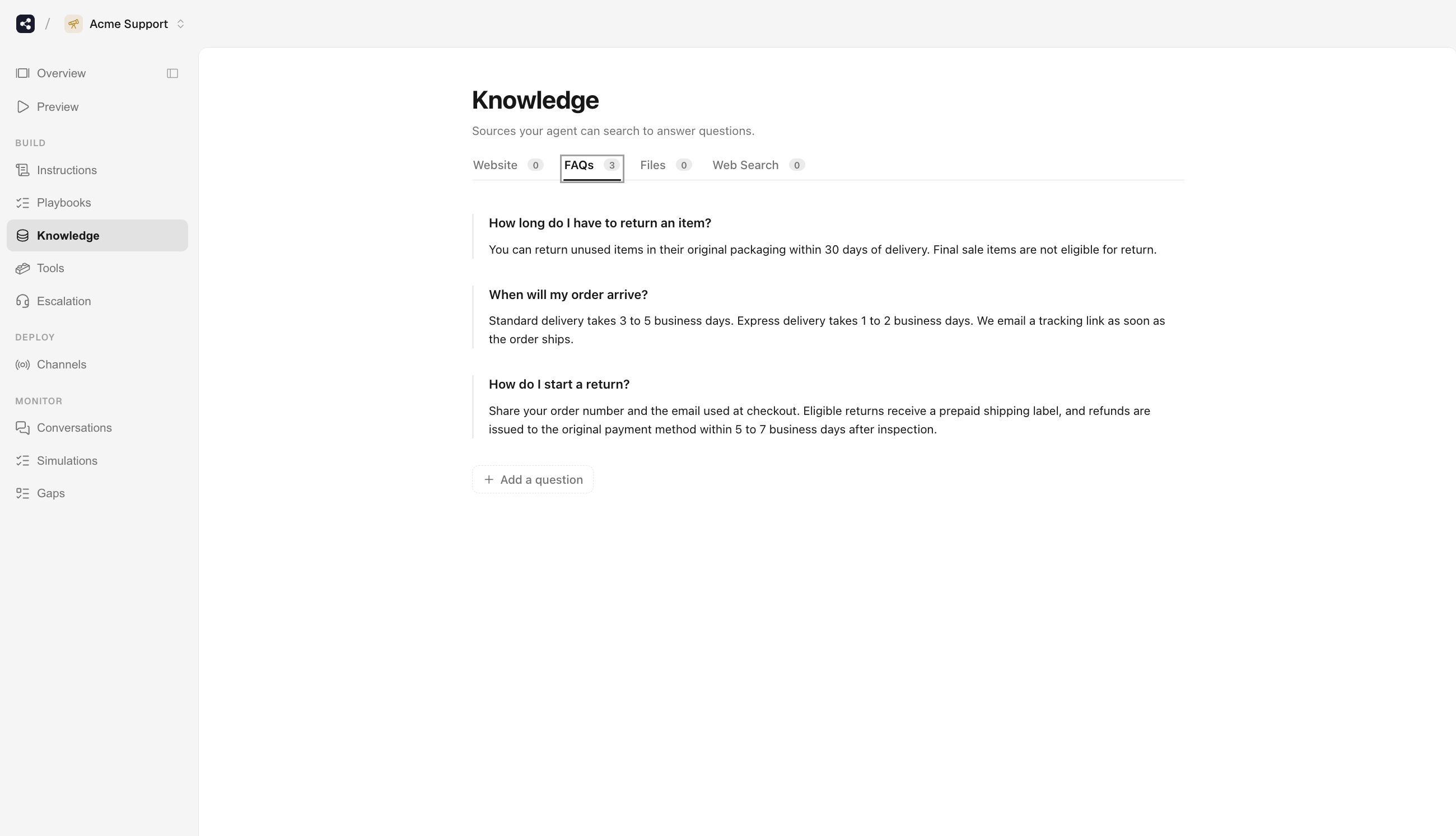 Approved shipping and returns FAQs for Acme Support