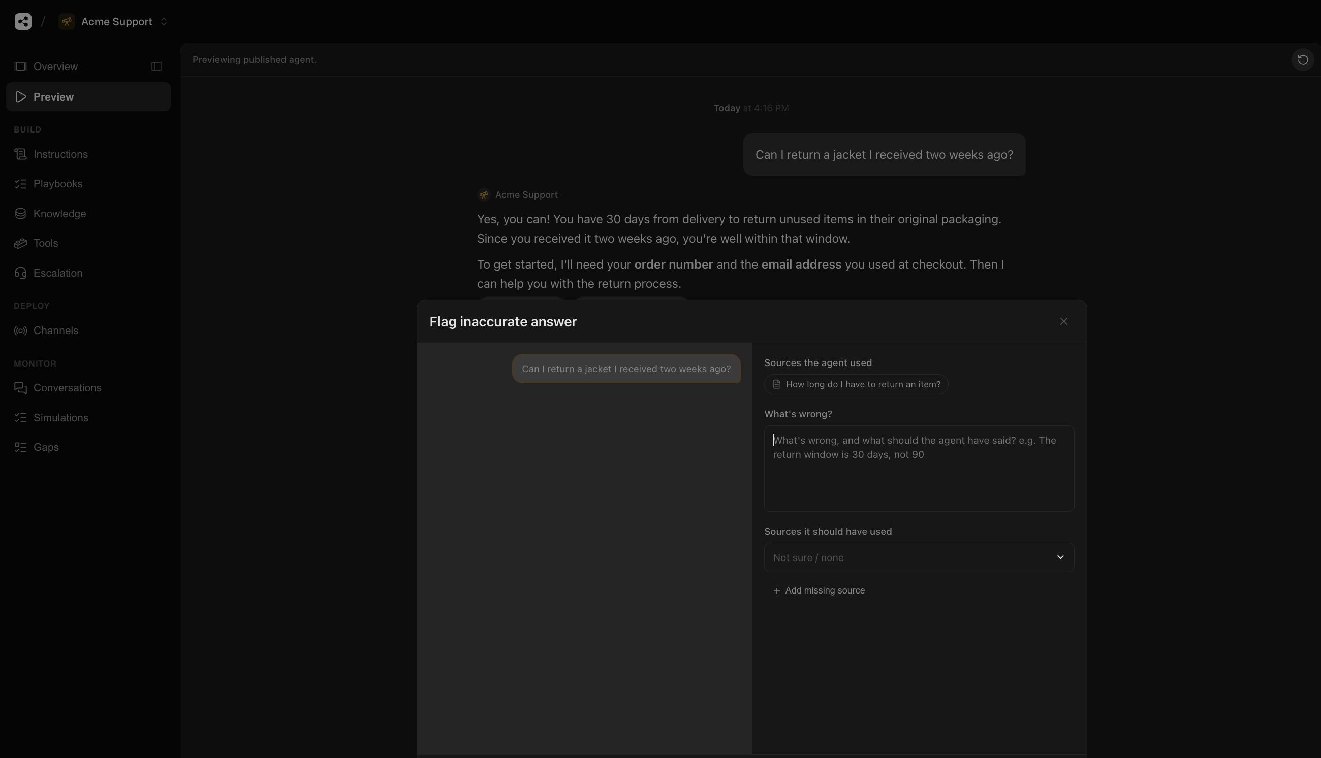 Flagging an inaccurate Acme Support answer in Preview