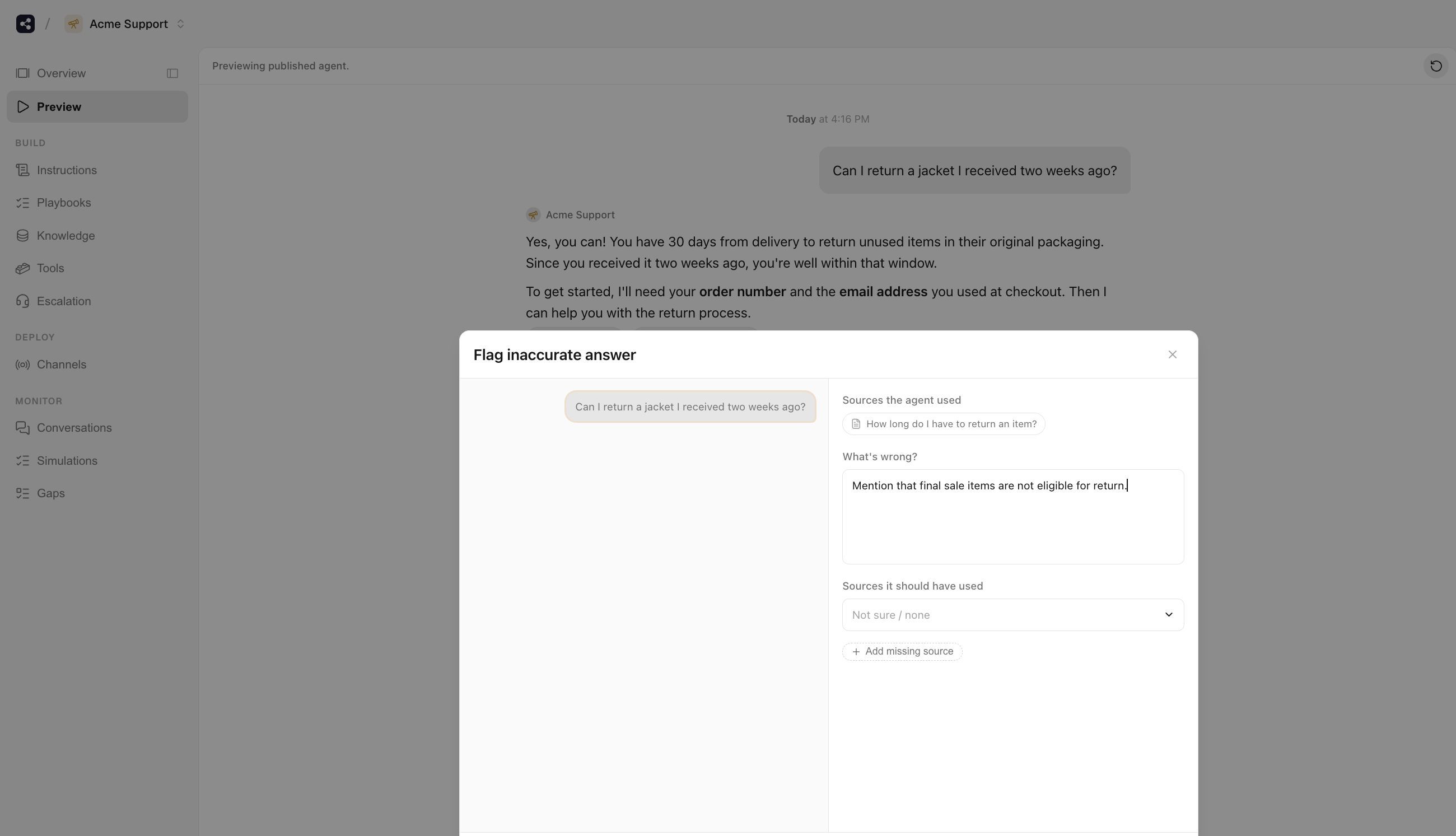 Flagging an inaccurate Acme Support answer in Preview