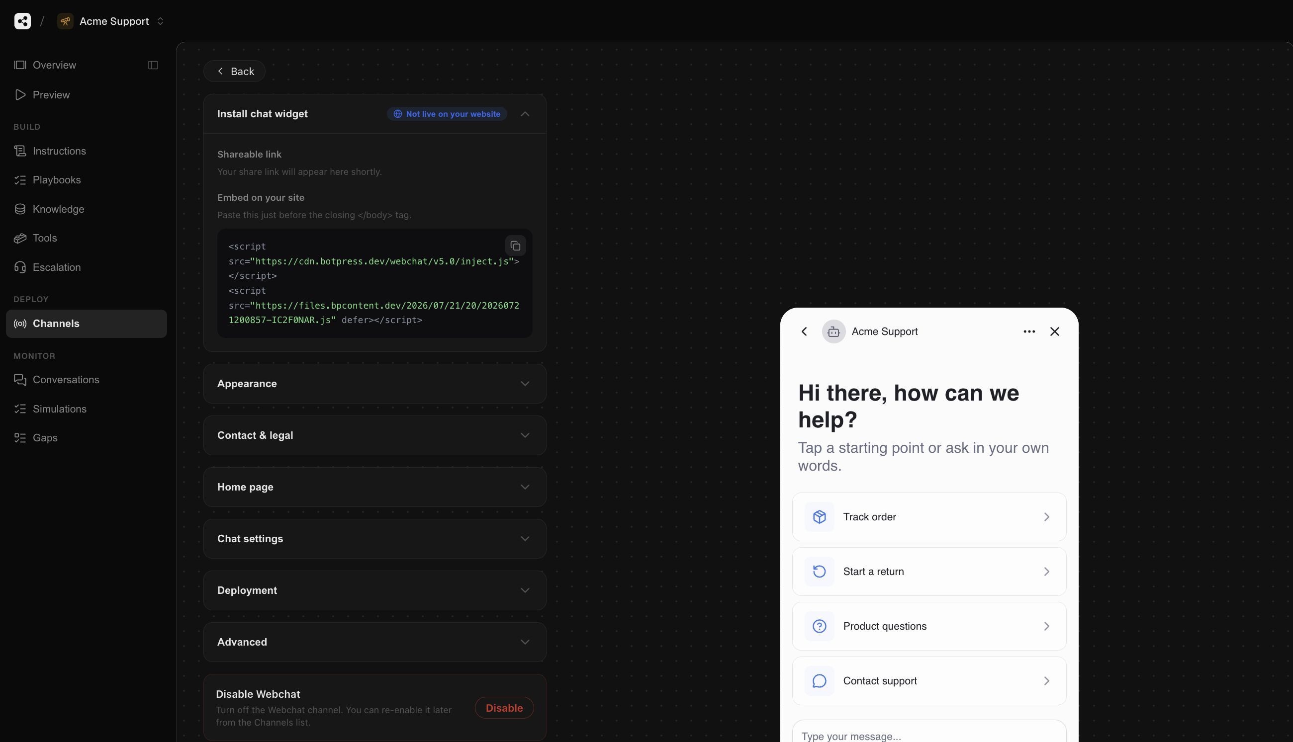 Copying the Acme Support Webchat embed snippet