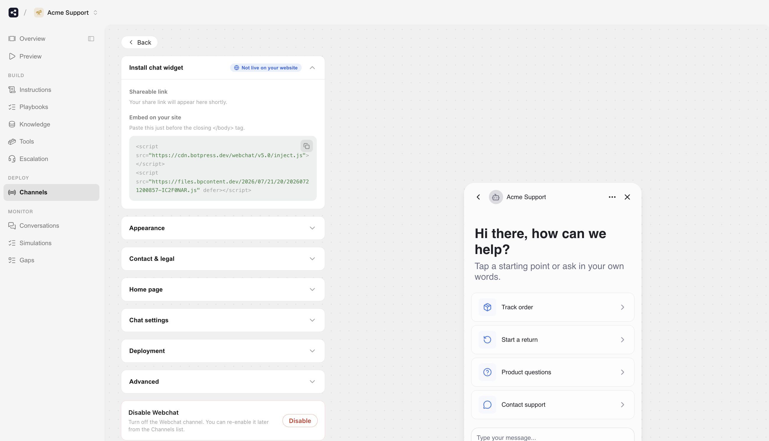 Copying the Acme Support Webchat embed snippet